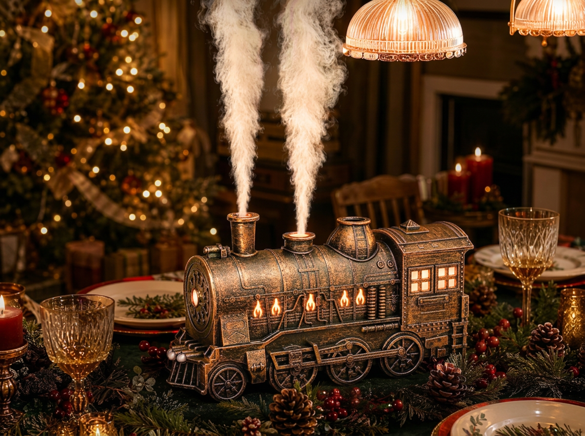 Merry Express train aroma diffuser and humidifier puffing fragrant mist from its chimney