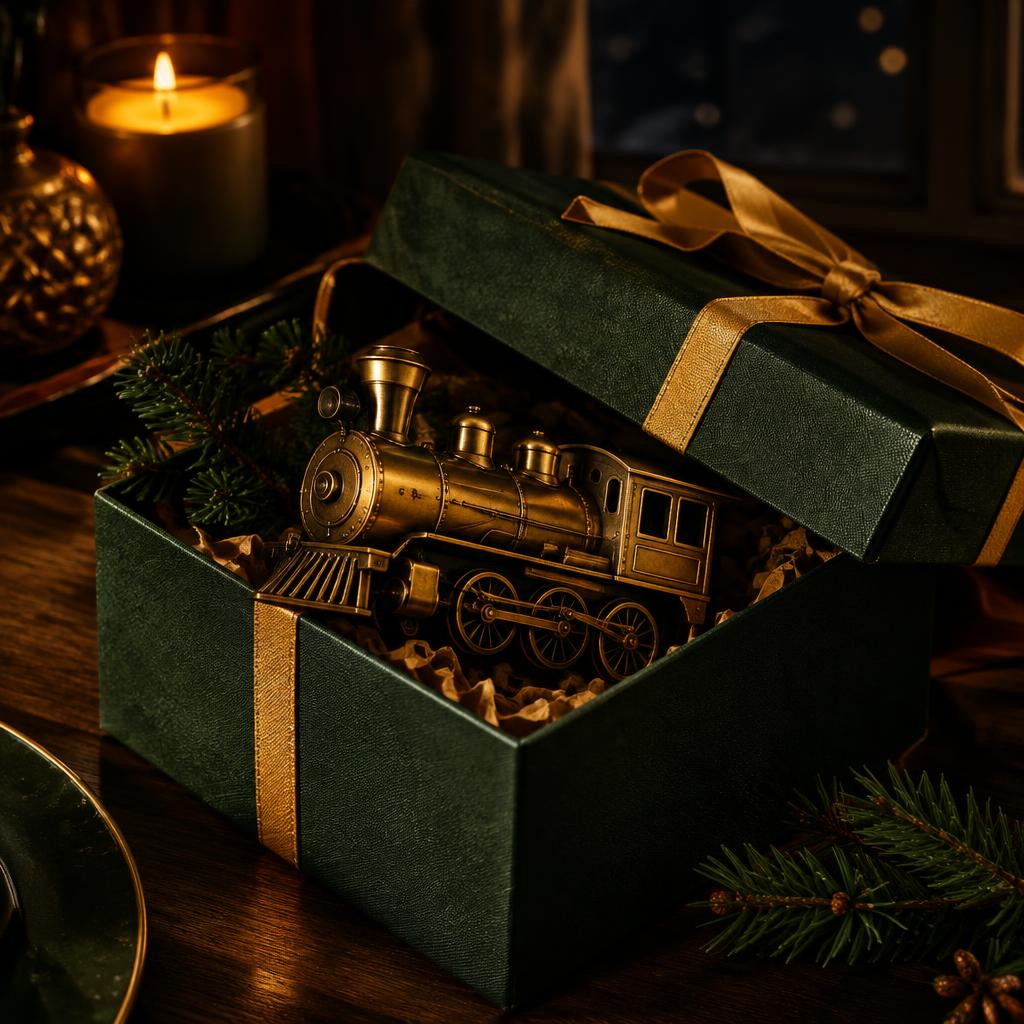 Merry Express gift box in deep green paper with a gold ribbon